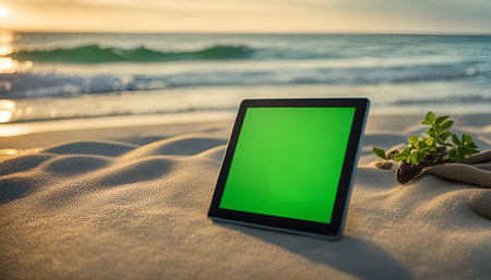 A tablet computer is resting on a sandy beach, with a beautiful sunset over the ocean in the background.の写真素材