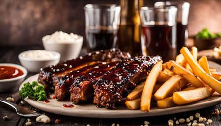 Close up view of a plate of delicious BBQ ribs with french fries on a wooden table. The ribs are glazed with a sweet and savory sauce, and the french fries are crispy and golden brown.の写真素材
