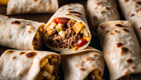 A close-up shot filling of several burritos with variouss, showing the delicious and colorful ingredients.の写真素材