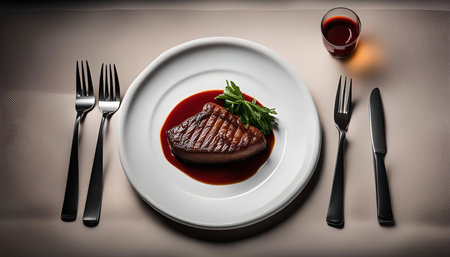 A single, perfectly grilled steak rests on a white plate, accompanied by a red sauce and a sprig of greenery. The steak is cooked to a medium-rare temperature, with a crispy exterior and a juicy interior. The red sauce adds a touch of sweetness and tanginess, complementing the richness of the steak.の写真素材