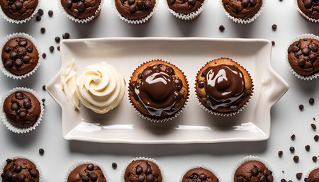 A white platter with 3 chocolate muffins and a dollop of frosting surrounded by more chocolate muffins and chocolate chips.の写真素材