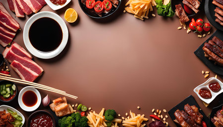 A tantalizing display of Asian BBQ delights. The image showcases an array of ingredients, sauces, and grilled meats. From succulent beef slices to flavorful sauces and fresh vegetables, this spread is sure to tempt your taste buds.の写真素材