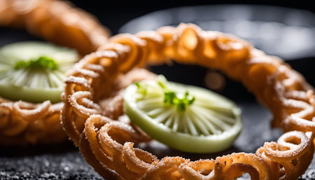 A close-up of a fried pastry arranged in a circular shape, decorated with fresh lime slices. The pastry appears golden brown and crispy, while the lime slices offer a bright, zesty contrast.の写真素材