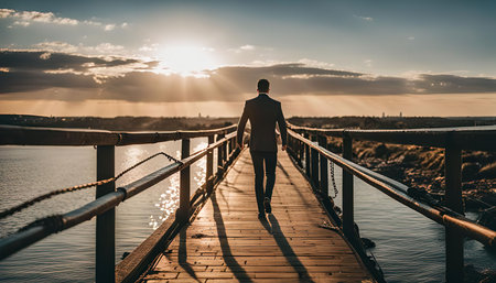 A man walks along a wooden bridge towards the setting sun, his silhouette outlined against the golden sky.の写真素材