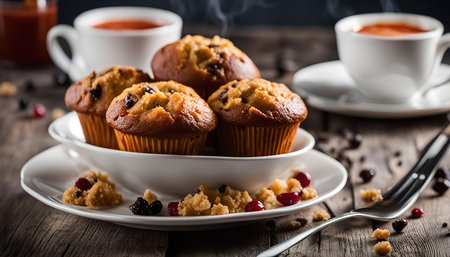 A close-up shot of freshly baked muffins with chocolate chips, served on a rustic wooden table with a cup of tea and a fork. The warm lighting and steam emanating from the muffins create a cozy and inviting atmosphere.の写真素材