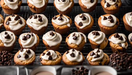 A close-up view of a tray of freshly baked chocolate chip cupcakes topped with creamy white frosting and chocolate chips. The cupcakes are arranged in a neat pattern and the frosting is swirled into a decorative shape.の写真素材