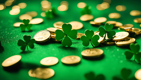 A festive St. Patrick's Day celebration with shamrocks and gold coins.の写真素材