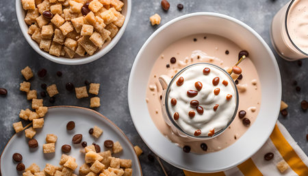 A close-up view of a coffee and cereal milkshake with whipped cream and chocolate chips. The milkshake is in a glass and surrounded by cereal and coffee beans.の写真素材