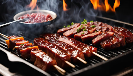 Close up of grilled meat skewers with barbecue sauce, on a grill with flames and smoke in the...