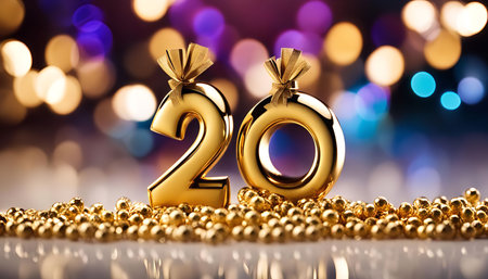 A golden number 20 symbol with a celebratory feel, sitting on a bed of shiny gold beads against a background of sparkling bokeh lights.の写真素材