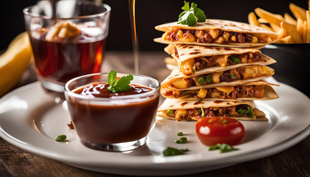 A plate of freshly prepared quesadillas with salsa, the perfect meal to enjoy.の写真素材