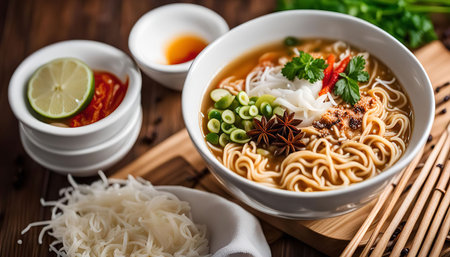 A close-up view of a delicious bowl of Asian noodle soup with a variety of garnishes, including lime, chili, star anise, and green onions. The soup is steaming and the noodles are perfectly cooked.の写真素材