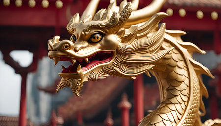 Close-up of a golden dragon statue, showing its intricate details and powerful presence. The dragon is a symbol of good luck and prosperity in Chinese culture.の写真素材