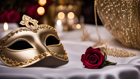 A gold Venetian mask adorned with intricate details sits beside a single red rose, suggesting a romantic and celebratory atmosphere.の写真素材