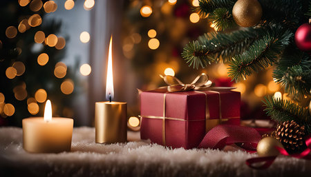 A close-up shot of a Christmas gift wrapped in red paper with a golden ribbon sitting on a snowy surface. Two candles are lit, one gold and one white, with a Christmas tree with ornaments blurred in the background.の写真素材