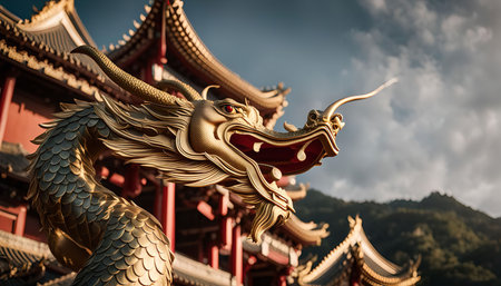 A close-up shot of a golden dragon statue on the roof of a traditional Chinese temple. The intricate details of the dragon's scales and the bright colors of the temple roof make for a stunning visual.の写真素材