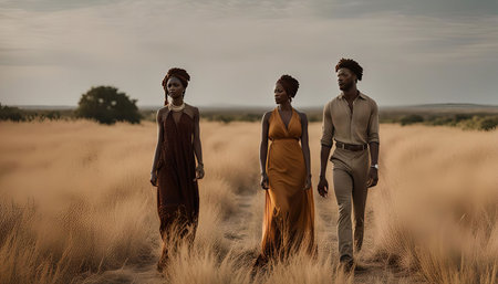 Three people, two women and a man, walking along a dirt path through a field of tall grass. The women are wearing long dresses and head wraps. The man is wearing a shirt, pants, and a watch. The setting sun casts a warm glow over the scene.の写真素材
