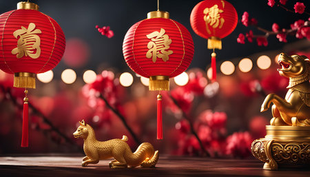 A festive Chinese New Year celebration scene with red lanterns, golden statues, and blooming flowers. The lanterns symbolize prosperity, while the golden statues are a sign of good luck and fortune.の写真素材