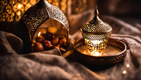 Two ornate lanterns with intricate details, casting a warm glow. They are placed on a fabric surface with a rich, brown background.の写真素材