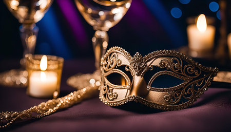 A closeup of a golden masquerade mask with intricate detailing on a purple background. The mask is a symbol of mystery and anonymity, often worn at parties and celebrations.の写真素材