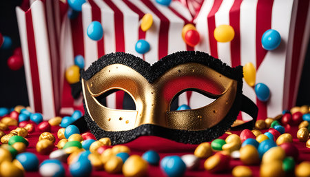 A golden Venetian mask laying on a bed of colorful candy. The mask is a traditional costume accessory for masquerade parties and carnivals. The candy is a symbol of celebration and festivity.の写真素材