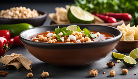 A bowl of spicy Mexican soup with garnishes such as fresh cilantro, lime, and chili peppers.の写真素材