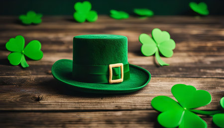 A festive St. Patrick's Day scene featuring a green leprechaun hat with a gold buckle, surrounded by shamrocks on a rustic wooden table.の写真素材