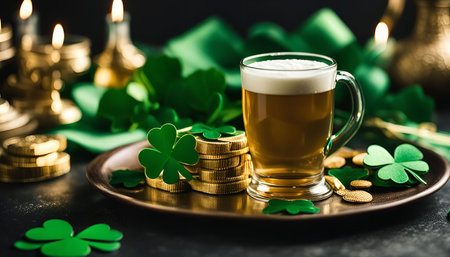 A glass of beer with a foamy head, shamrocks, and golden coins on a plate. It's a celebration of St. Patrick's Day, a popular Irish holiday.の写真素材