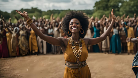 A young African woman wearing a traditional dress smiles and raises her arms as she celebrates with a large crowd of people in the background.の写真素材