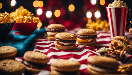 A tempting spread of fast food, featuring juicy hamburgers, golden French fries, and a classic cup of popcorn. The red and white striped tablecloth adds a touch of festivity to this delicious and satisfying meal.の写真素材