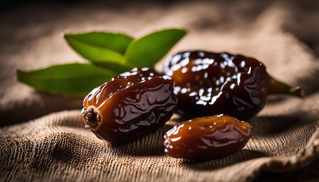 Close-up of dates, showing their brown, shiny skin and the surrounding leaves.の写真素材