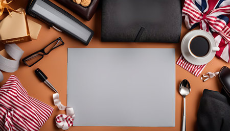 A flat lay image showing various office supplies and accessories arranged on a brown background. It...
