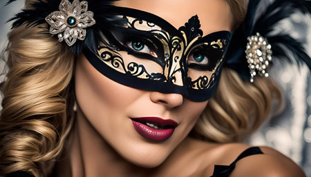 A woman with blonde curly hair wears a black mask with gold accents. Her makeup is bold and her eyes are piercing.の写真素材
