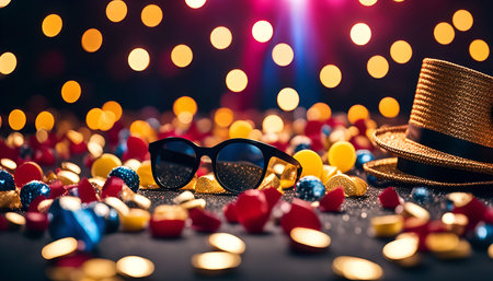 A close-up shot of a party hat, sunglasses, and a variety of colorful decorations on a sparkly background. The image exudes a festive and joyful atmosphere.の写真素材