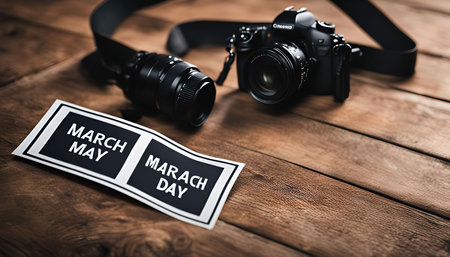 A black DSLR camera and a lens resting on a wooden table. The camera's strap is visible, and a piece of paper can be seen in the foreground.の写真素材
