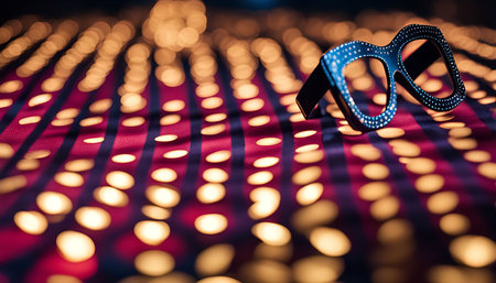 A close-up photo of sunglasses with a blurred background with bright bokeh lights, creating a...