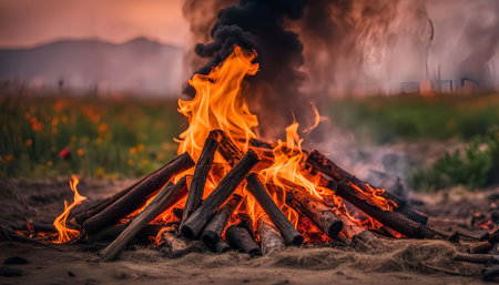 A close-up image of a campfire burning brightly, with smoke rising and logs glowing. The fire is set against a backdrop of a field and a blurry sunset sky.の写真素材