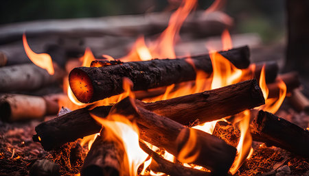 A close-up view of a campfire burning brightly, showing the vibrant orange and red flames engulfing...