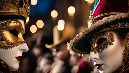 Two people wearing elaborate Venetian Carnival masks, with gold embellishments and intricate details. The masks are a key part of the tradition and create a sense of mystery and fantasy. The colorful costumes and the festive atmosphere of the carnival are captured in this close-up image.の写真素材