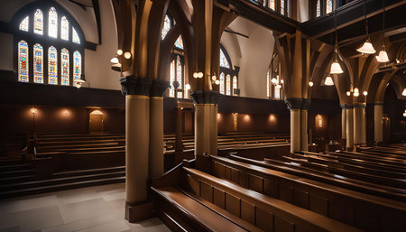 A picture of the interior of a church, showcasing stained glass windows, wooden pews, and...