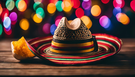 A traditional Mexican sombrero with vibrant stripes sits on a wooden table, illuminated by a backdrop of colorful bokeh lights, capturing the festive atmosphere of a celebration.の写真素材