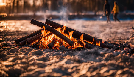 A close-up shot of a campfire burning brightly in the snow, with a blurred background of people in the distance, creating a sense of warmth and coziness in the cold winter landscape.の写真素材
