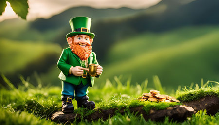 A smiling leprechaun holding a pot of gold in a green field with hills in the background. This whimsical image embodies the magic and folklore of St. Patrick's Day.の写真素材