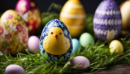 Close-up of Easter eggs decorated with a chick, surrounded by grass and other colorful eggs. The image captures the joy and festivity of the Easter holiday.の写真素材