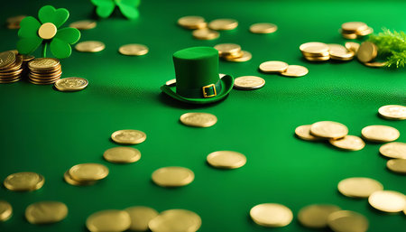 A green background with gold coins and a shamrock, symbolizing St. Patrick's Day festivals.の写真素材