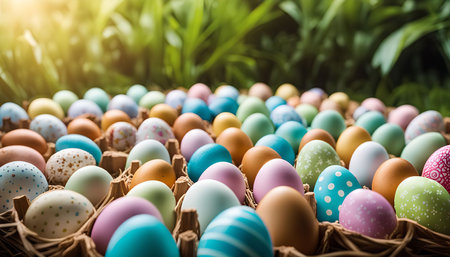 A close-up of a carton filled with colorful Easter eggs, each painted with unique patterns. The...