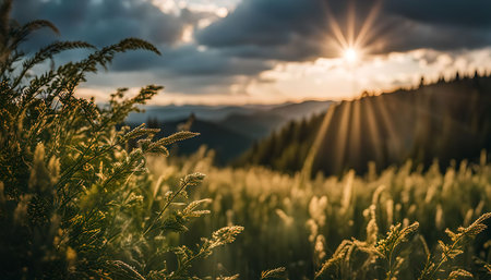A stunning view of a mountain meadow at sunset, with golden rays of light illuminating the field and the surrounding hills.の写真素材