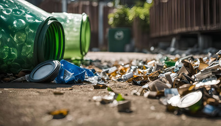 A close up of broken glass on the ground with green recycling bins in the background.の写真素材