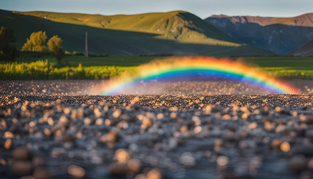 A colorful rainbow arcs across a field of gravel, with rolling green hills and a blue sky in the background.の写真素材