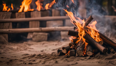 A close-up photo of a campfire with bright orange flames licking up from the burning logs. The smoke rises into the air, creating a sense of warmth and coziness.の写真素材